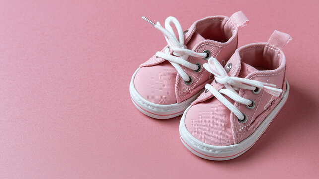 Charming and soft visual of tiny pink sneakers styled on pink, ideal for baby shower invitations, announcements, or e-commerce listings.