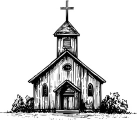 Vintage wooden church with cross and bushes in black and white illustration. Vector illustration