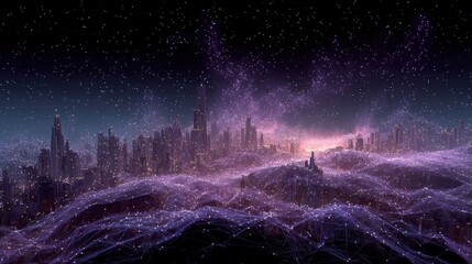 Neural Network Architecture Abstract Buildings as interconnected data nodes glowing synaptic connections deep learning visualization in violet-black gradients