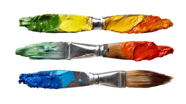 Paintbrushes with vibrant colors of green yellow orange red and blue