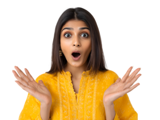 Surprised woman in yellow top with open mouth and hands raised in astonishment