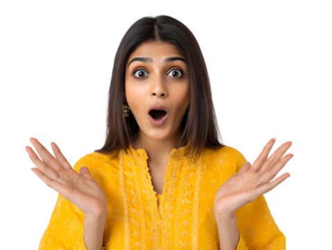 Surprised woman in yellow top with open mouth and hands raised in astonishment