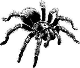 Detailed black and white illustration of a tarantula spider with hairy legs. Vector illustration