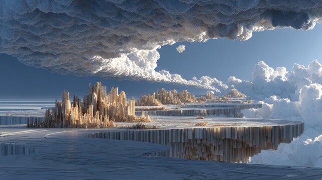 Surreal abstract background architecture lines bending gravity floating islands dreamlike fantasy landscape