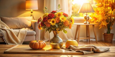 Autumnal Home Decor Sunlit Living Room with Vibrant Flower Arrangement and Gourds