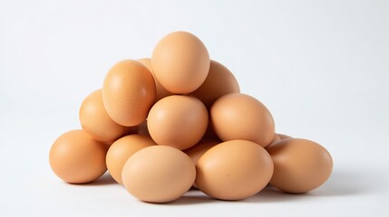 A pile of fresh eggs displayed on a white background, captured in high definition to highlight their natural texture, smooth shells, and vibrant appearance for culinary or farming themes.