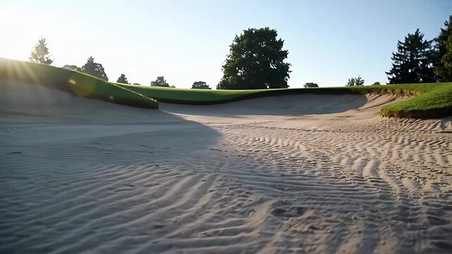 Sand Bunker with Linear Patterns at a Golf Course Under Clear Blue Sky Green Grass and Background Trees on Sunny Day
