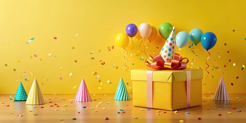 Obraz premium Joyful Celebration A Gift Wrapped in Sunshine, Surrounded by Balloons, Confetti, and Party Hats on a Wooden Surface
