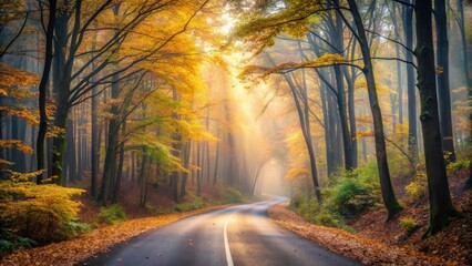 Autumnal Road Winding Through a Misty Forest Bathed in Golden Sunlight