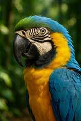 Fototapeta premium Close Up of Blue and Yellow Macaw Parrot in Tropical Forest 