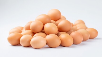A pile of fresh eggs displayed on a white background, captured in high definition to highlight their natural texture, smooth shells, and vibrant appearance for culinary or farming themes.
