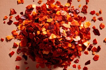 Pile of dried chili flakes on a neutral surface, adding spice and flavor to dishes