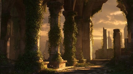 Ancient Ruins Architecture Background Crumbling stone pillars overgrown with ivy golden sunset casting long shadows forgotten civilization aesthetic