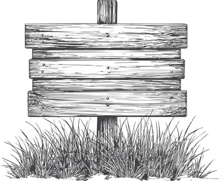Wooden blank sign with grass, vintage sketch illustration. Vector illustration