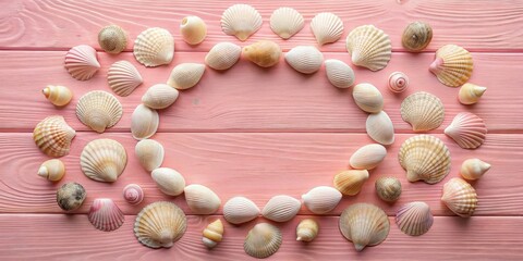 Seashells arranged in a circular frame on a pink wooden surface, creating a tranquil and summery design perfect for invitations or decorative purposes