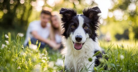 Title: Happy border collie dog sitting in sunny park with blurred family picnic in the background