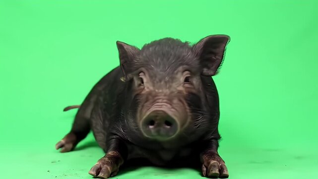 Adorable Dark Mini Pig Resting on Bright Green Screen Background, Looking Directly at Camera for Easy Cutout