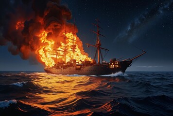 Obraz premium A dramatic scene unfolds as a battleship burns fiercely in the night, its flames and billowing smoke contrasting sharply against the dark ocean and starry sky 