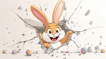 Cheerful bunny bursting through a cracked wall.