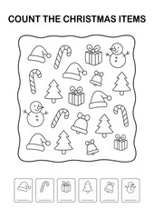 Count the Christmas Items Worksheet, A4 Black and White Line Art