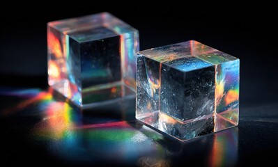 Minimalist composition of two translucent glass cubes with rainbow reflections on black background