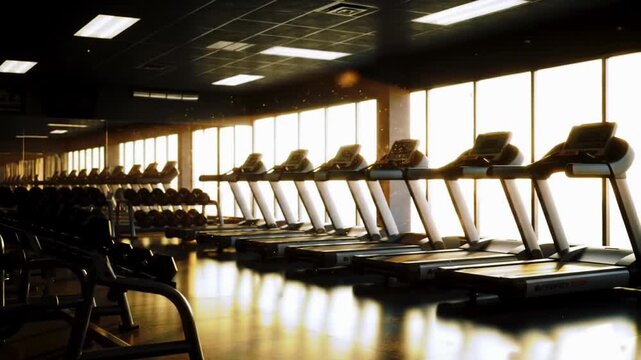 A wide shot of an empty gym with treadmills and free weights