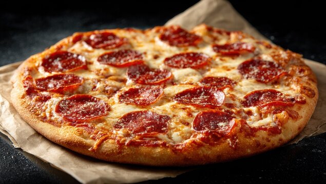 Whole pepperoni and mozzarella pizza on paper napkin with black table background