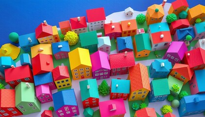 Naklejka premium Overhead view vibrant paper-cut houses, diverse architectural styles, colorful background, geometric, retro