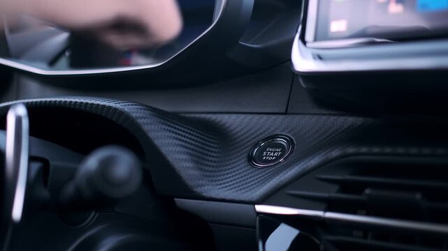 Close up of driver pressing engine start stop button with dashboard indicators coming to life in defocused background