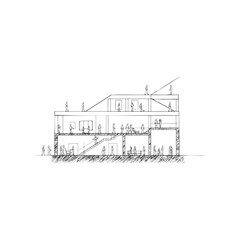 Black and white architectural section with figures inside modern building