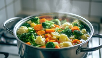 Stainless Steel Pan with Steaming Colorful Vegetables on Stove