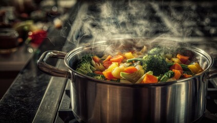 Stainless steel pot with colorful vegetables cooking on stove with rising steam in professional kitchen setting