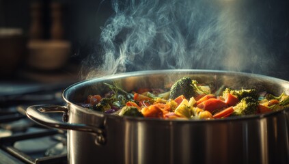 Stainless steel pot with colorful vegetables cooking on stove with rising steam in professional kitchen setting