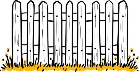 Wooden fence illustration with white planks and yellow grass beneath. Vector illustration