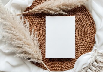 Blank white card on woven mat with pampas grass