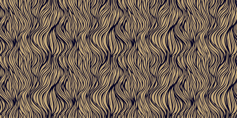Vector seamless pattern with organic shapes, liquid wavy lines, fibers, threads, biological structures. Abstract black and gold tangled line background. Natural golden texture. Repeated luxury design