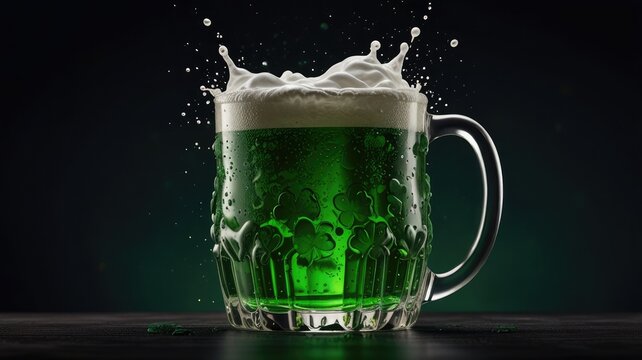 Green beer splashing dramatically from a glass mug, shamrocks etched into the glass.