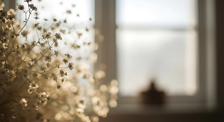 Delicate Dried Flowers Bathed in Soft Natural Light by a Bright Window Indoors