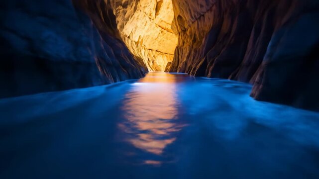 Vibrant blue water inside a mysterious grotto cave illuminated by a distant golden opening