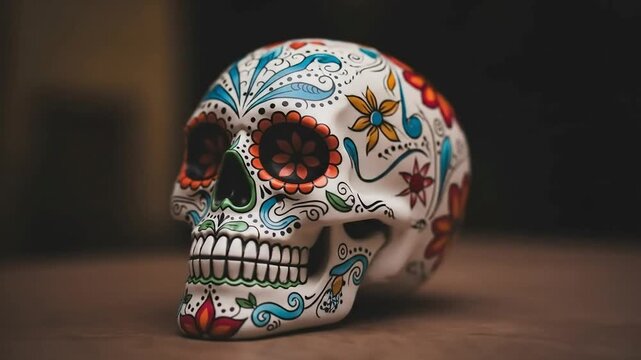 A striking decorative skull, adorned with colorful floral and scroll motifs, symbolizes cultural celebration and remembrance.
