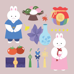 귀여운 토끼 캐릭터, 한국 전통 요소 일러스트
Cute rabbit character, illustration with traditional Korean elements