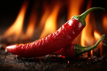 Red hot chili peppers with flames on a dark background, spicy food concept