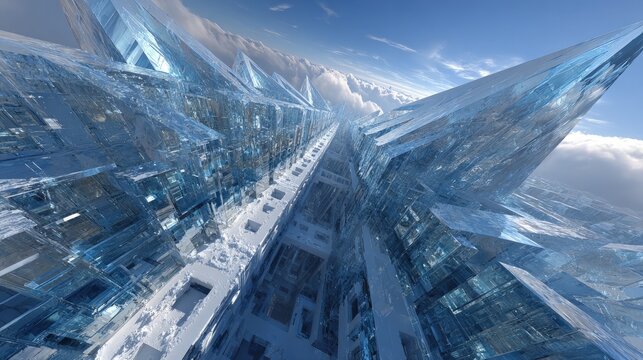 Crystalline Fractal Architecture Abstract Geometric structures multiplying in infinite recursion prismatic light refraction digital surrealism in icy blue tones
