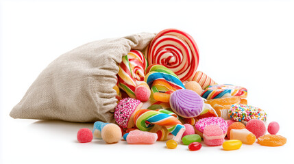 Colorful assortment of candies spilling from a burlap sack on a white background