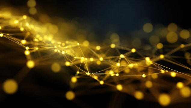 Abstract yellow glowing network of dots and lines on black background representing global digital connectivity