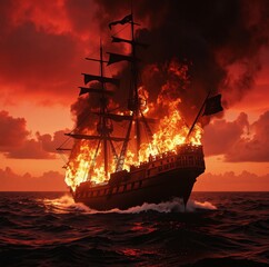 Fototapeta premium A fiery pirate ship burns amidst a stormy sea under a dark, ominous sky, its sails billowing in the wind as flames engulf the vessel