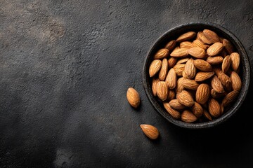 Almonds in bowl on dark wooden table with copyspace, healthy snack concept