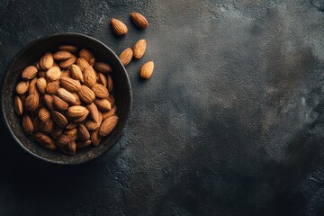 Almonds in bowl on dark wooden table with copyspace, healthy snack concept