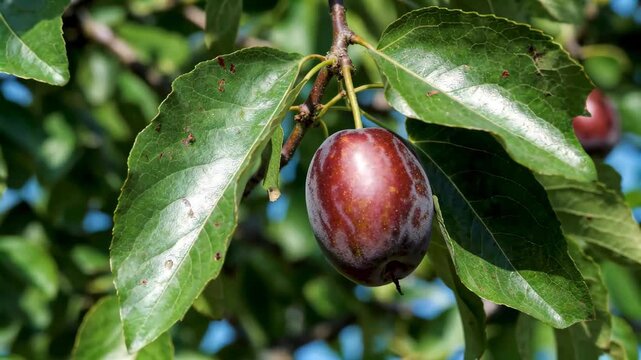 Close-up of mature prunes on branches Mature prunes on branches