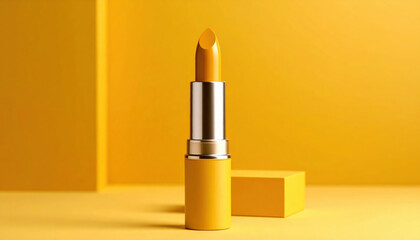 Yellow lipstick upright metallic tube minimal vivid yellow luxury beauty product shadow modern